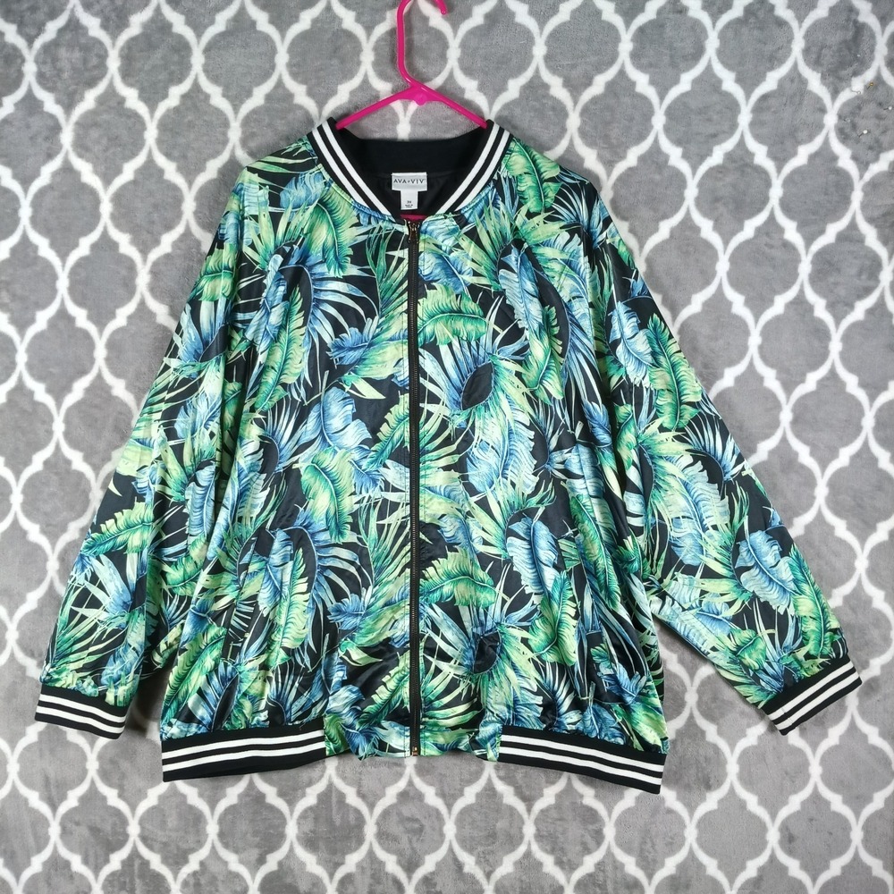Ava Viv Windbreaker Jacket Women Plus Size 3X Green Blue Tropical Leaf Print
